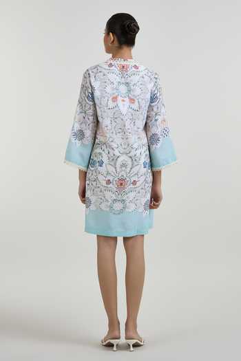Shop_SOBARIKO_White Linen Mandarin Collar Tyla Print Shift Dress _at_Aza_Fashions