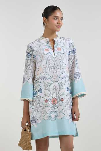 Shop_SOBARIKO_White Linen Mandarin Collar Tyla Print Shift Dress _Online_at_Aza_Fashions