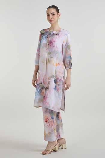 SOBARIKO_Multi Color Linen Round Neck, Yes Olivia Print Tunic And Pant Set _Online_at_Aza_Fashions