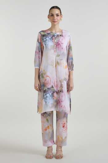 Buy_SOBARIKO_Multi Color Linen Round Neck, Yes Olivia Print Tunic And Pant Set _Online_at_Aza_Fashions