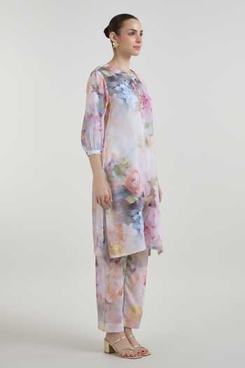 Shop_SOBARIKO_Multi Color Linen Round Neck, Yes Olivia Print Tunic And Pant Set _Online_at_Aza_Fashions