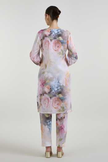 Shop_SOBARIKO_Multi Color Linen Round Neck, Yes Olivia Print Tunic And Pant Set _at_Aza_Fashions
