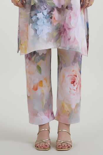 SOBARIKO_Multi Color Linen Round Neck, Yes Olivia Print Tunic And Pant Set _at_Aza_Fashions
