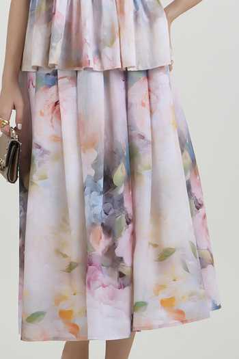 SOBARIKO_Multi Color Linen Round Neck Olivia Print Accordion Top And Skirt Set _Online_at_Aza_Fashions