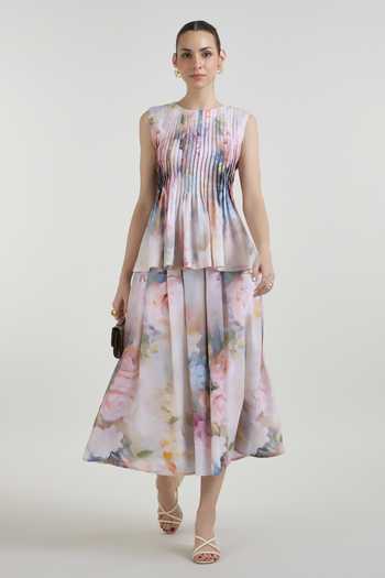 Buy_SOBARIKO_Multi Color Linen Round Neck Olivia Print Accordion Top And Skirt Set _Online_at_Aza_Fashions