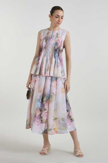 Shop_SOBARIKO_Multi Color Linen Round Neck Olivia Print Accordion Top And Skirt Set _Online_at_Aza_Fashions