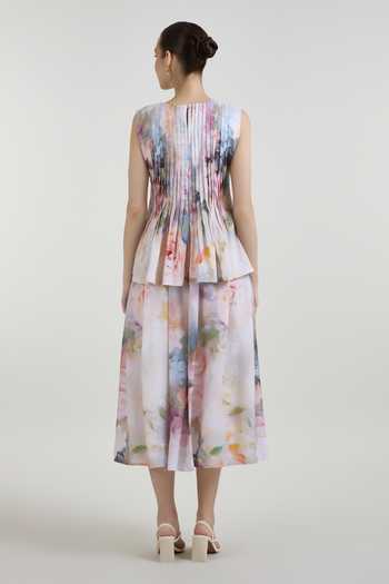 Shop_SOBARIKO_Multi Color Linen Round Neck Olivia Print Accordion Top And Skirt Set _at_Aza_Fashions