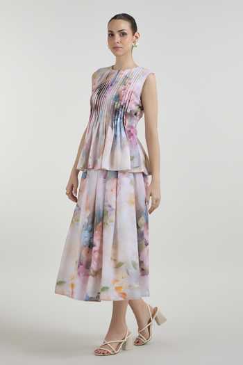 SOBARIKO_Multi Color Linen Round Neck Olivia Print Accordion Top And Skirt Set _at_Aza_Fashions