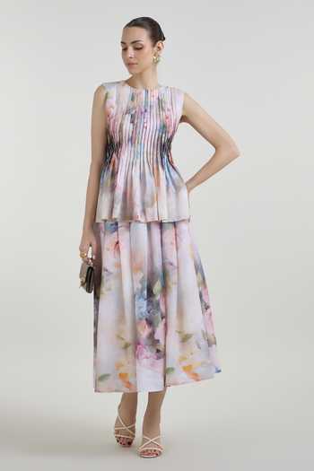 Buy_SOBARIKO_Multi Color Linen Round Neck Olivia Print Accordion Top And Skirt Set _at_Aza_Fashions