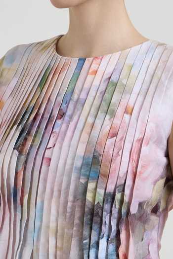 Buy_SOBARIKO_Multi Color Linen Round Neck Olivia Print Accordion Top And Skirt Set 