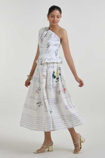 SOBARIKO_Ivory Linen One Shoulder Poetry Fanfare Top With Skirt _Online_at_Aza_Fashions
