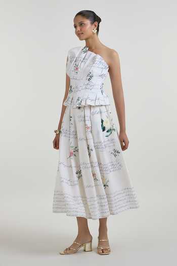 Shop_SOBARIKO_Ivory Linen One Shoulder Poetry Fanfare Top With Skirt _Online_at_Aza_Fashions