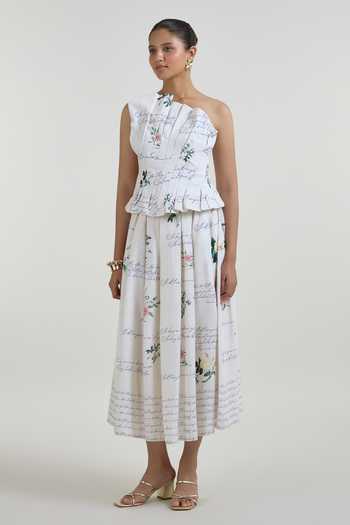 SOBARIKO_Ivory Linen One Shoulder Poetry Fanfare Top With Skirt _at_Aza_Fashions
