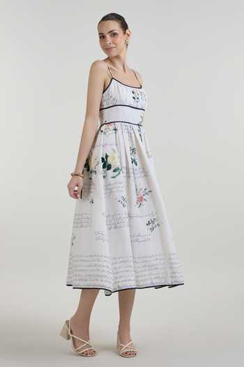 SOBARIKO_Ivory Linen Square Neck Poetry Print Strappy Midi Dress _Online_at_Aza_Fashions