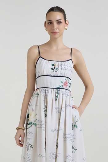 Buy_SOBARIKO_Ivory Linen Square Neck Poetry Print Strappy Midi Dress _Online_at_Aza_Fashions