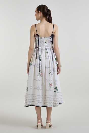 Shop_SOBARIKO_Ivory Linen Square Neck Poetry Print Strappy Midi Dress _at_Aza_Fashions