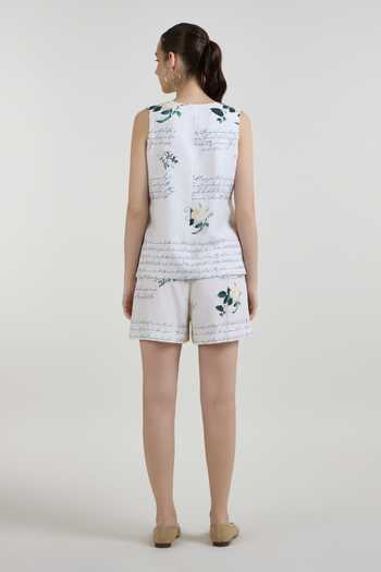 Shop_SOBARIKO_Ivory Linen V-neck Poetry Print Blazer And Shorts Set _at_Aza_Fashions