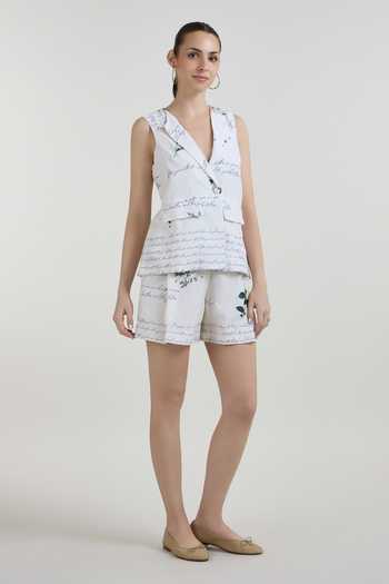 SOBARIKO_Ivory Linen V-neck Poetry Print Blazer And Shorts Set _Online_at_Aza_Fashions