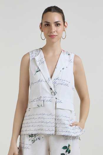 Shop_SOBARIKO_Ivory Linen V-neck Poetry Print Blazer And Shorts Set _Online_at_Aza_Fashions