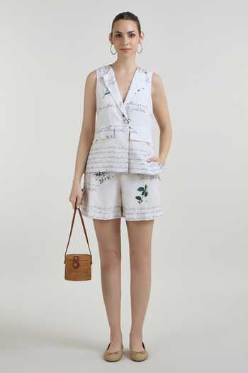 SOBARIKO_Ivory Linen V-neck Poetry Print Blazer And Shorts Set _at_Aza_Fashions