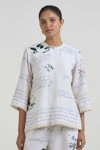 SOBARIKO_Ivory Linen Choker Neck Poetry Print Top And Pant Set _Online_at_Aza_Fashions