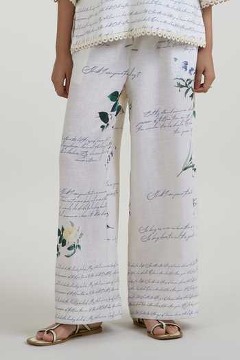 Buy_SOBARIKO_Ivory Linen Choker Neck Poetry Print Top And Pant Set _Online_at_Aza_Fashions
