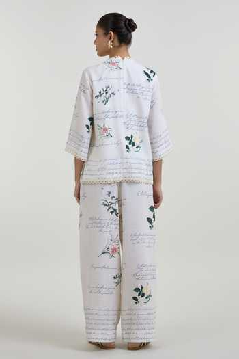 Shop_SOBARIKO_Ivory Linen Choker Neck Poetry Print Top And Pant Set _at_Aza_Fashions