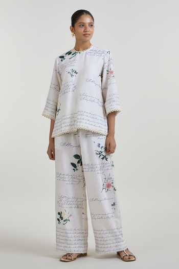 Shop_SOBARIKO_Ivory Linen Choker Neck Poetry Print Top And Pant Set _Online_at_Aza_Fashions