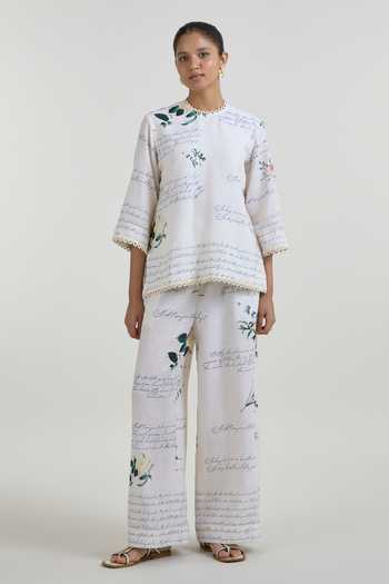 SOBARIKO_Ivory Linen Choker Neck Poetry Print Top And Pant Set _at_Aza_Fashions