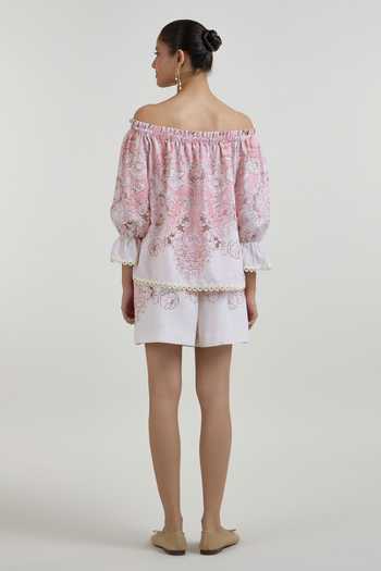 Shop_SOBARIKO_Pink Linen Off-shoulder Anna Floral Print Top And Shorts Set _at_Aza_Fashions