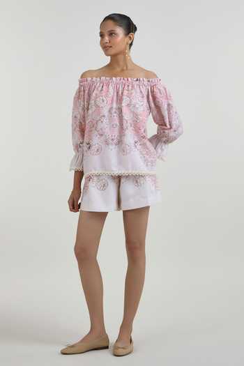 SOBARIKO_Pink Linen Off-shoulder Anna Floral Print Top And Shorts Set _Online_at_Aza_Fashions