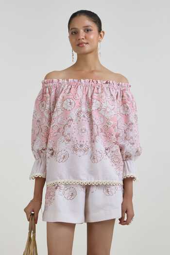 Buy_SOBARIKO_Pink Linen Off-shoulder Anna Floral Print Top And Shorts Set _Online_at_Aza_Fashions