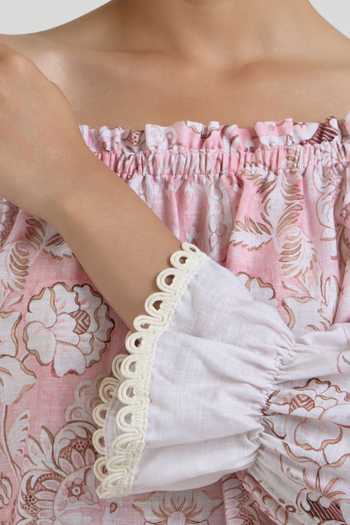 Shop_SOBARIKO_Pink Linen Off-shoulder Anna Floral Print Top And Shorts Set _Online_at_Aza_Fashions