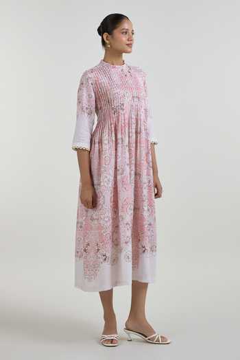 SOBARIKO_Pink Linen Mandarin Collar Anna Printed Pleated Dress _Online_at_Aza_Fashions