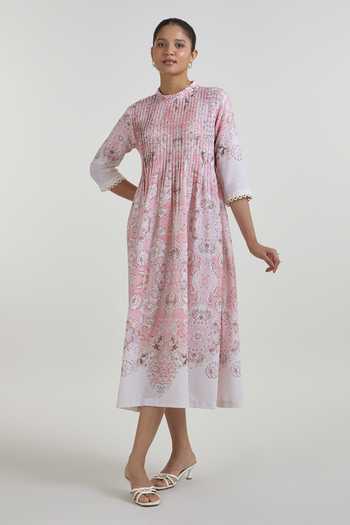 Buy_SOBARIKO_Pink Linen Mandarin Collar Anna Printed Pleated Dress _at_Aza_Fashions