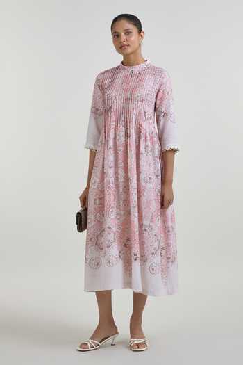 Buy_SOBARIKO_Pink Linen Mandarin Collar Anna Printed Pleated Dress _Online_at_Aza_Fashions