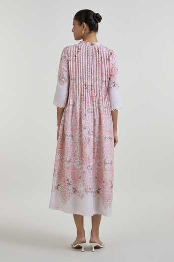 Shop_SOBARIKO_Pink Linen Mandarin Collar Anna Printed Pleated Dress _at_Aza_Fashions