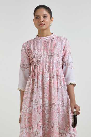 Shop_SOBARIKO_Pink Linen Mandarin Collar Anna Printed Pleated Dress _Online_at_Aza_Fashions