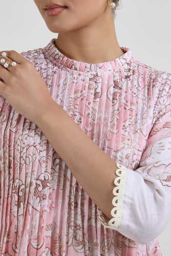 SOBARIKO_Pink Linen Mandarin Collar Anna Printed Pleated Dress _at_Aza_Fashions