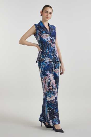 SOBARIKO_Multi Color Linen V-neck Mosaic Print Blazer And Pant Set _Online_at_Aza_Fashions