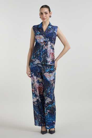 Buy_SOBARIKO_Multi Color Linen V-neck Mosaic Print Blazer And Pant Set _Online_at_Aza_Fashions
