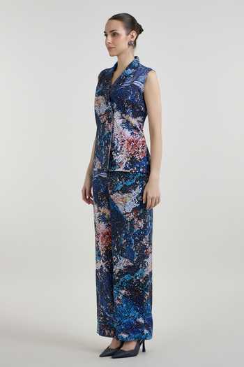 Shop_SOBARIKO_Multi Color Linen V-neck Mosaic Print Blazer And Pant Set _Online_at_Aza_Fashions