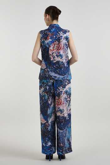 Shop_SOBARIKO_Multi Color Linen V-neck Mosaic Print Blazer And Pant Set _at_Aza_Fashions
