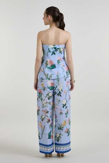 Shop_SOBARIKO_Blue Linen Bandeau Neck Blaire Floral Print Strapless Top And Pant Set _at_Aza_Fashions