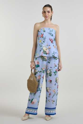 Buy_SOBARIKO_Blue Linen Bandeau Neck Blaire Floral Print Strapless Top And Pant Set _at_Aza_Fashions