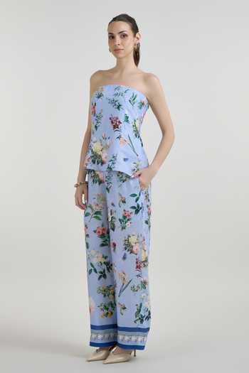 SOBARIKO_Blue Linen Bandeau Neck Blaire Floral Print Strapless Top And Pant Set _Online_at_Aza_Fashions