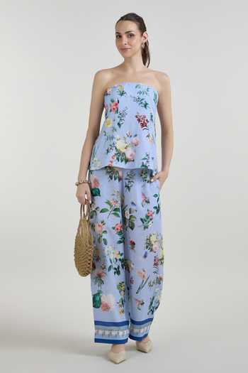 Buy_SOBARIKO_Blue Linen Bandeau Neck Blaire Floral Print Strapless Top And Pant Set _Online_at_Aza_Fashions