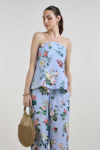Shop_SOBARIKO_Blue Linen Bandeau Neck Blaire Floral Print Strapless Top And Pant Set _Online_at_Aza_Fashions