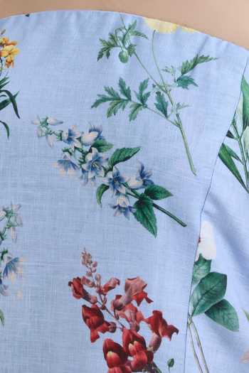 SOBARIKO_Blue Linen Bandeau Neck Blaire Floral Print Strapless Top And Pant Set _at_Aza_Fashions