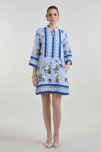 Buy_Sobariko_Blue Linen Mandarin Collar Blaire Floral Print Shift Dress _at_Aza_Fashions